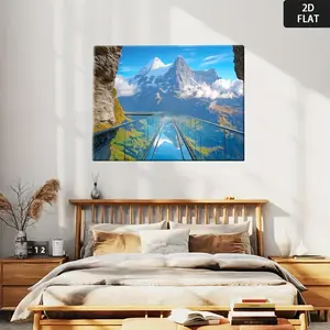 2D Flat, A 2D wooden frame painting A glass bridge spanning the valley in front of the Eiger mountai The artwork is very suitable for decoration in office building corridors and home living rooms.	