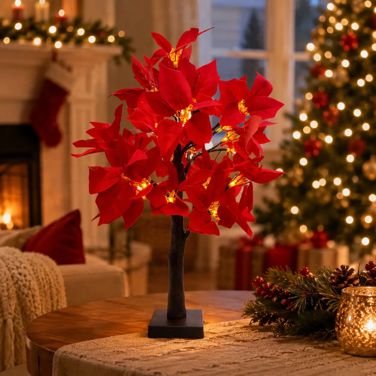 Christmas Plastic Poinsettia LED Tree Decor Set - 2-Piece, USB-Powered Warm Glow, Home Living Room Tabletop Ornaments, Ideal Holiday Gift for Special Occasions, Romance-Infused Decoration for Valentine's Day & Birthday Arrangements