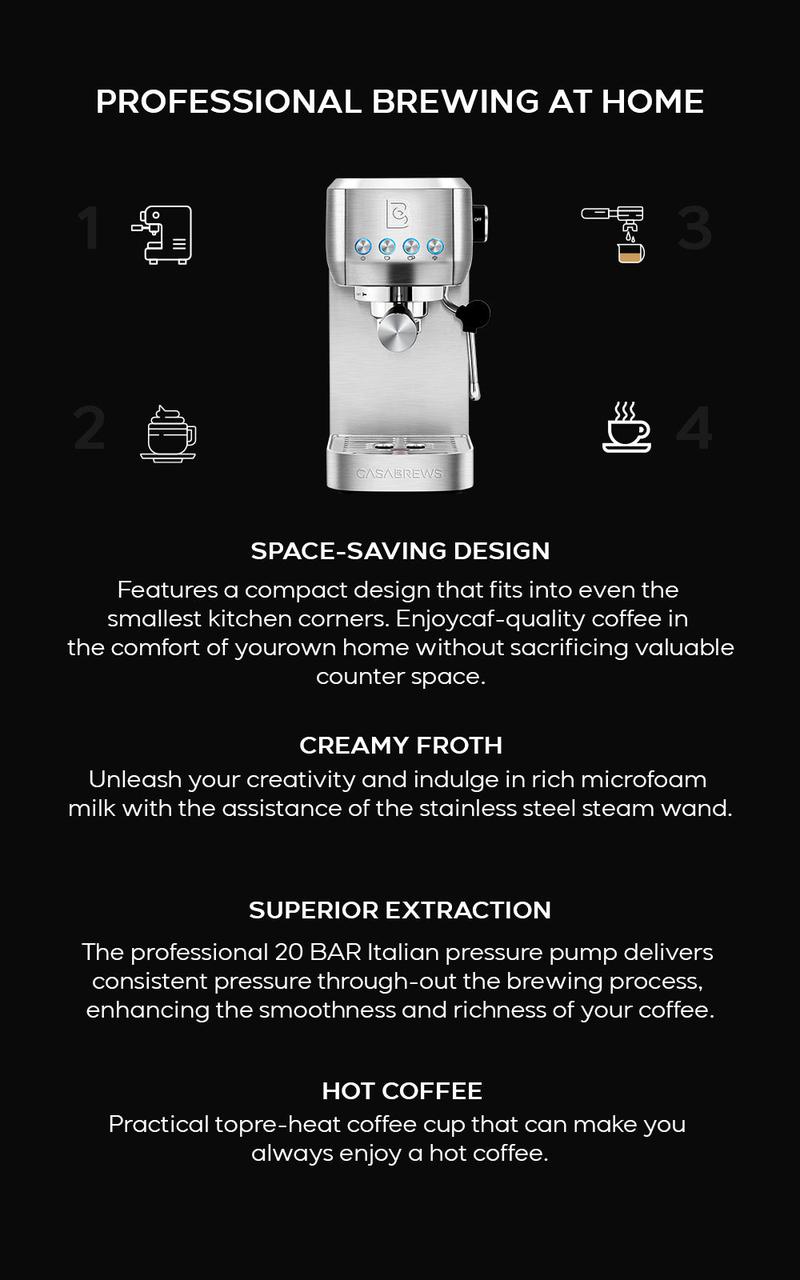 CASABREWS Espresso Machine, 20 bar compact Semi-Automatic Espresso Machine with Milk Frother for Home and Office, Perfect for Ground Coffee