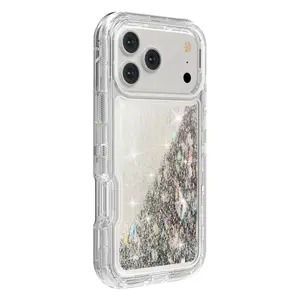ROTUNOE Glitter Case for iPhone 17 Pro Max 16 15 14 13 Pro Max, for Women Girl Clear 3-in-1 Heavy Duty Protective Phone Case with Floating Liquid Quicksand Shiny Bling Sparkly Cute Case Cover
