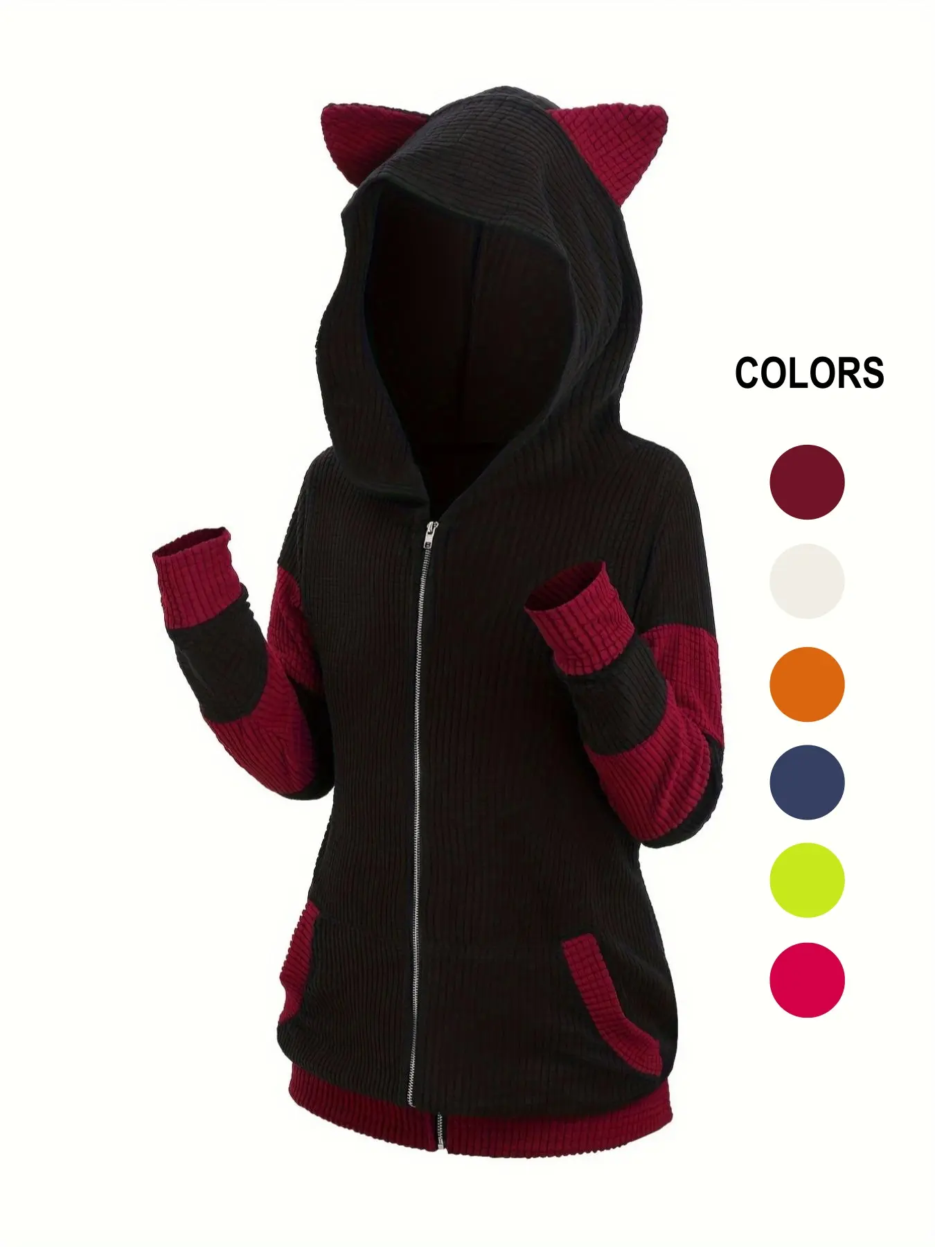 Women's Colorblock 3d Ear Design Textured Zip Up Hooded Casual Coat, Cute Long Sleeve Pocket Outerwear for Fall & Winter, Women's Clothes for Daily Wear