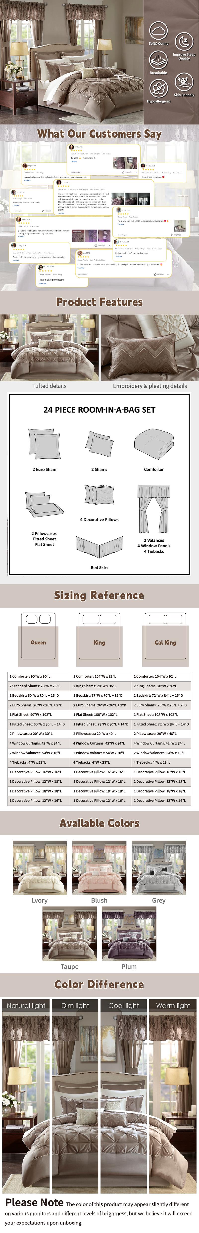 Madison Park Room in a Bag Imitation Silk Comforter Set - Luxe Diamond Tufting All Season Bedding, Matching Curtains, Decorative Pillows, 24 Piece