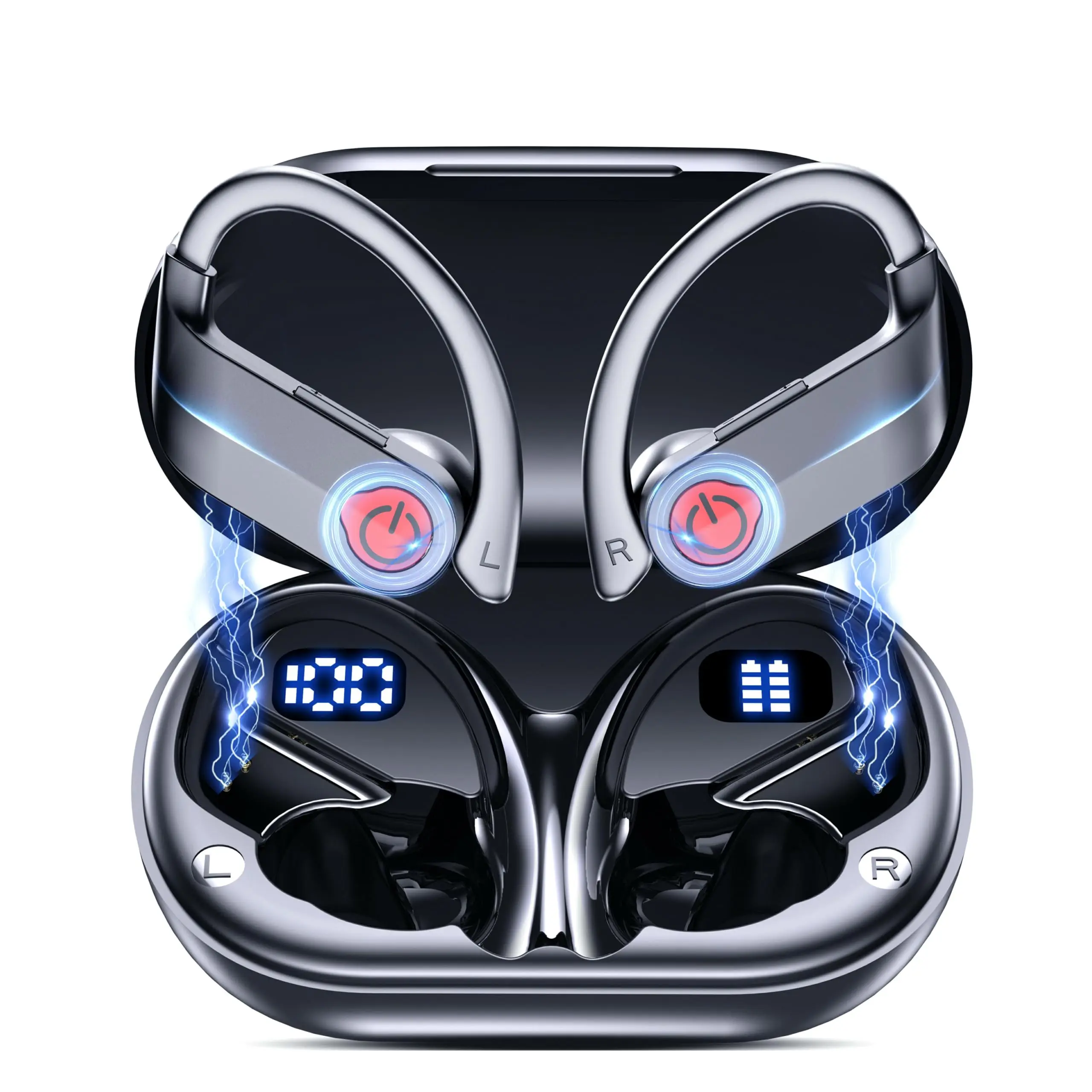 EUQQ Ear Buds Wireless Bluetooth Earbuds, Noise Cancelling Headphones 120H Playtime，IPX7 Waterproof Sports with Earhooks,LED Display Wireless Earphones for Running Gym Workout-Black