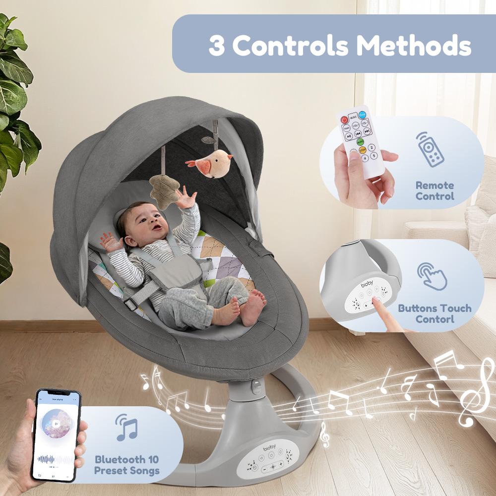 COMOMY Electric Baby Swing for Infants, Hands-Free Baby Soother, for Newborn Boy Girl, 5 Sway Speeds with Remote Control, Adapter Operated/AC power, 10 Preset Melodies and Bluetooth, 0-6 Months Max 20 Lbs, Swing Electric Toddler Baby Rocker Portable
