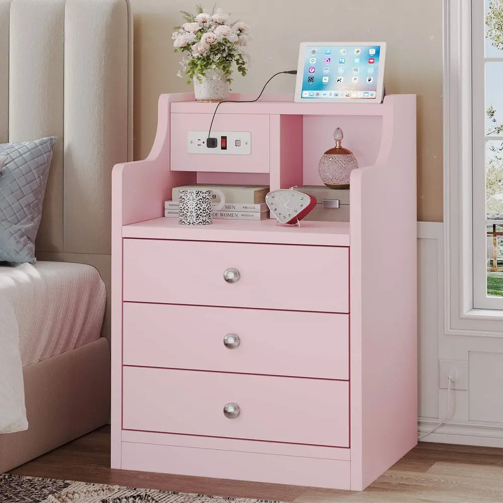 SIKAIC Modern Compact Pink Bedroom Desk Nightstand - Cute Apartment Furniture Bedside Cabinet with Charging Station, Power Outlets, USB Ports, Storage Drawers for Home Use,dorm essentials,home decor
