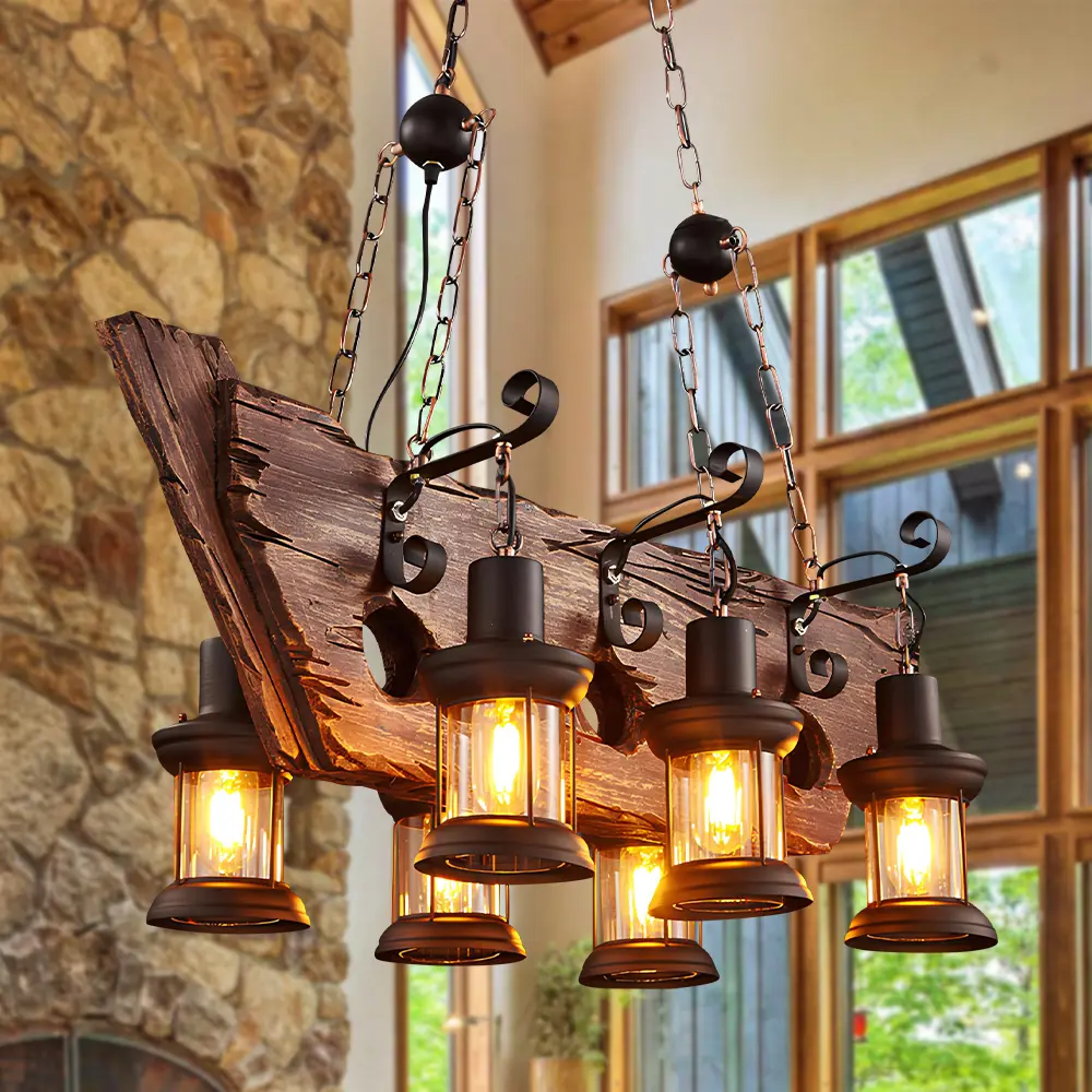 Retro Wooden 6-Head Boat-Shaped Decorative Pendant Light - Casual Indoor Decorative Light, Adjustable Length, Wall Control, Adjustable Lighting for Restaurants