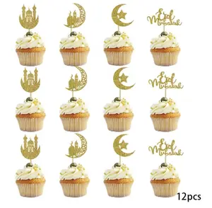 12pcs Mixed Color Castle Moon Star Eid Party Cupcake Toppers for Ramadan Celebration, Decorative Cake Inserts for Eid Event, Ramadan Gathering, Ramadan Mubarak, Mixed Color, 12pcs