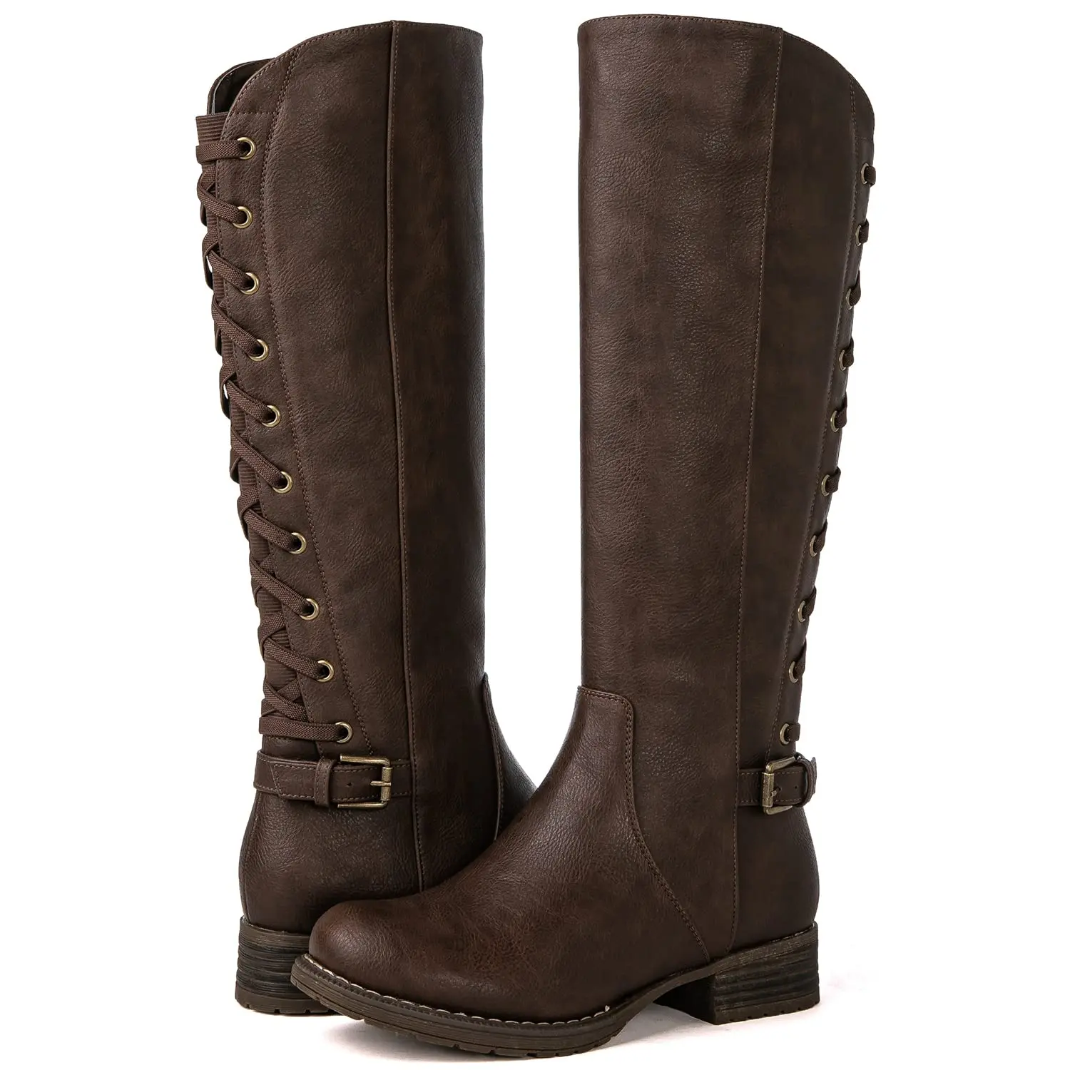 GLOBALWIN Women's Knee High Motorcycle Boots Strappy Round Toe Zipper Closure Winter Fall Classic Footwear