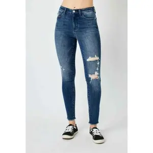 Judy Blue Full Size High Waist Distressed Skinny Jeans - Style #: 82581, Washed, Pocketed, Stretchy Denim, Moderate Stretch, 92% Cotton, 6% Elastrell-Polyester, 2% Spandex, Chic, Vibe