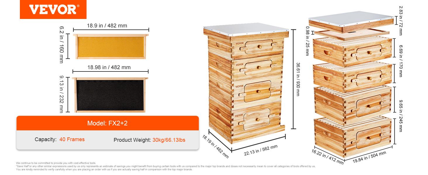 VEVOR Bee Hive 40 Frame Bee Hives Starter Kit, Beeswax Coated Cedar Wood, 2 Deep + 2 Medium Bee Boxes Langstroth Beehive Kit, Transparent Acrylic Windows with Foundations for Beginners Pro Beekeepers VEVOR Bee Hive 40 Frame Bee Hives Starter Kit, Beeswax Coated Cedar Wood, 2 Deep + 2 Medium Bee Boxes Langstroth Beehive Kit, Transparent Acrylic Windows with Foundations for Beginners Pro Beekeepers