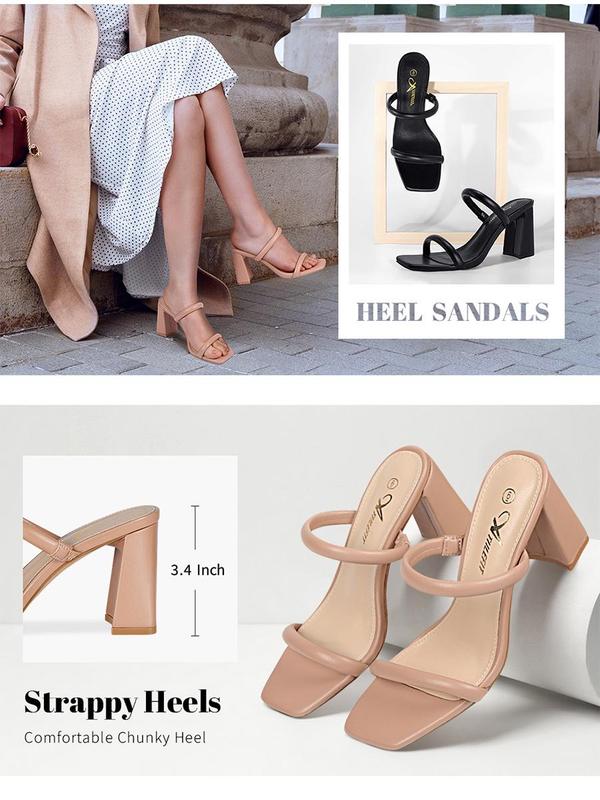 Athlefit Women's Square Open Toe Two Strap Heeled Sandals Slip On Block Chunky Heels Sandals Footwear Girl Shoe Summer