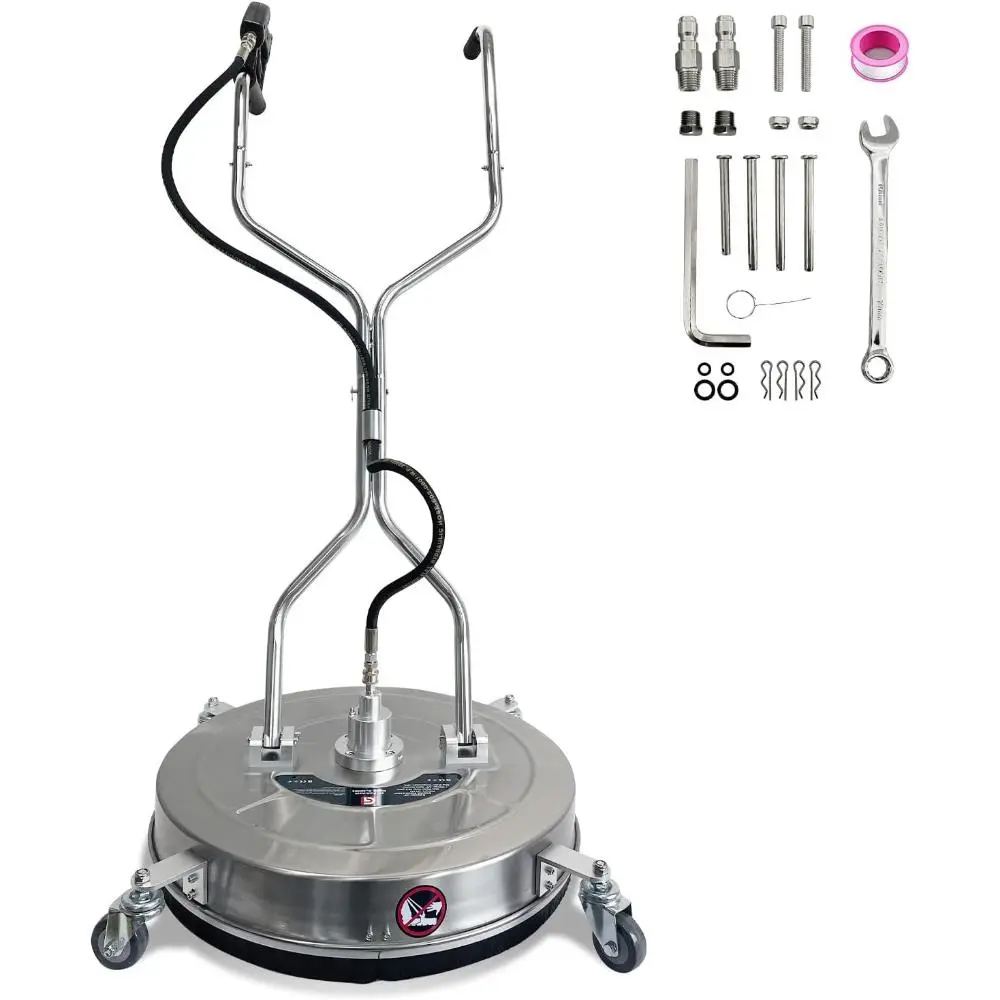 24 in Brass No-Plastic Pressure Washer Surface Cleaner with 4 Wheels - Stainless Steel Adjustable Dual Handles, 4900 Max PSI, 3/8 in Connector, 1/4 in Adapter, Power Washer Attachment for Patio, Deck, Porch Cleanup