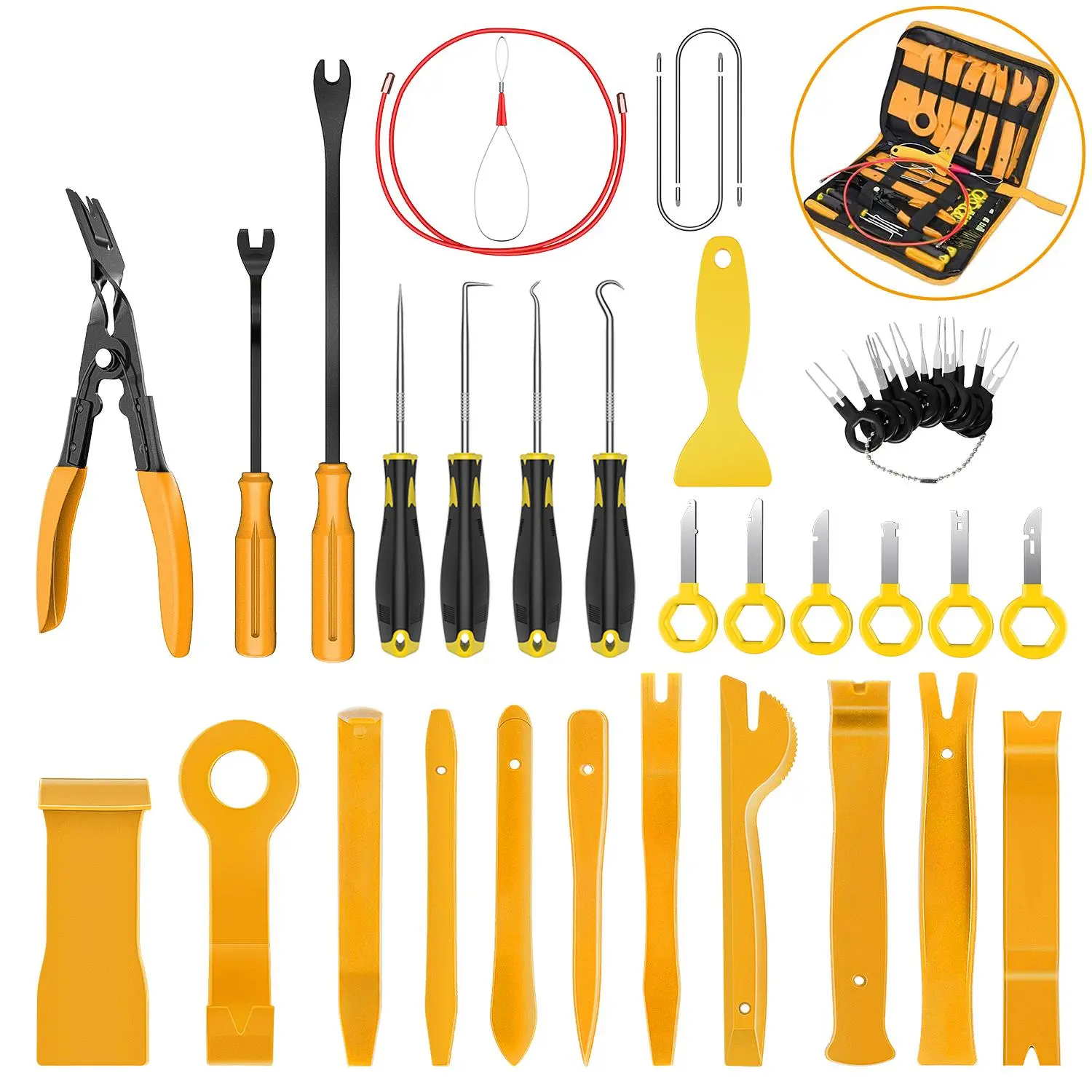 GOOACC 40Pcs Trim Removal Tool,Auto Terminal Removal Key Tool,Auto Clip Pliers Stereo Removal Tools,Car Upholstery Repair Pry Kit,Precision Hook and Pick Set,Wiring Threader,Car Film Scrape-Yellow