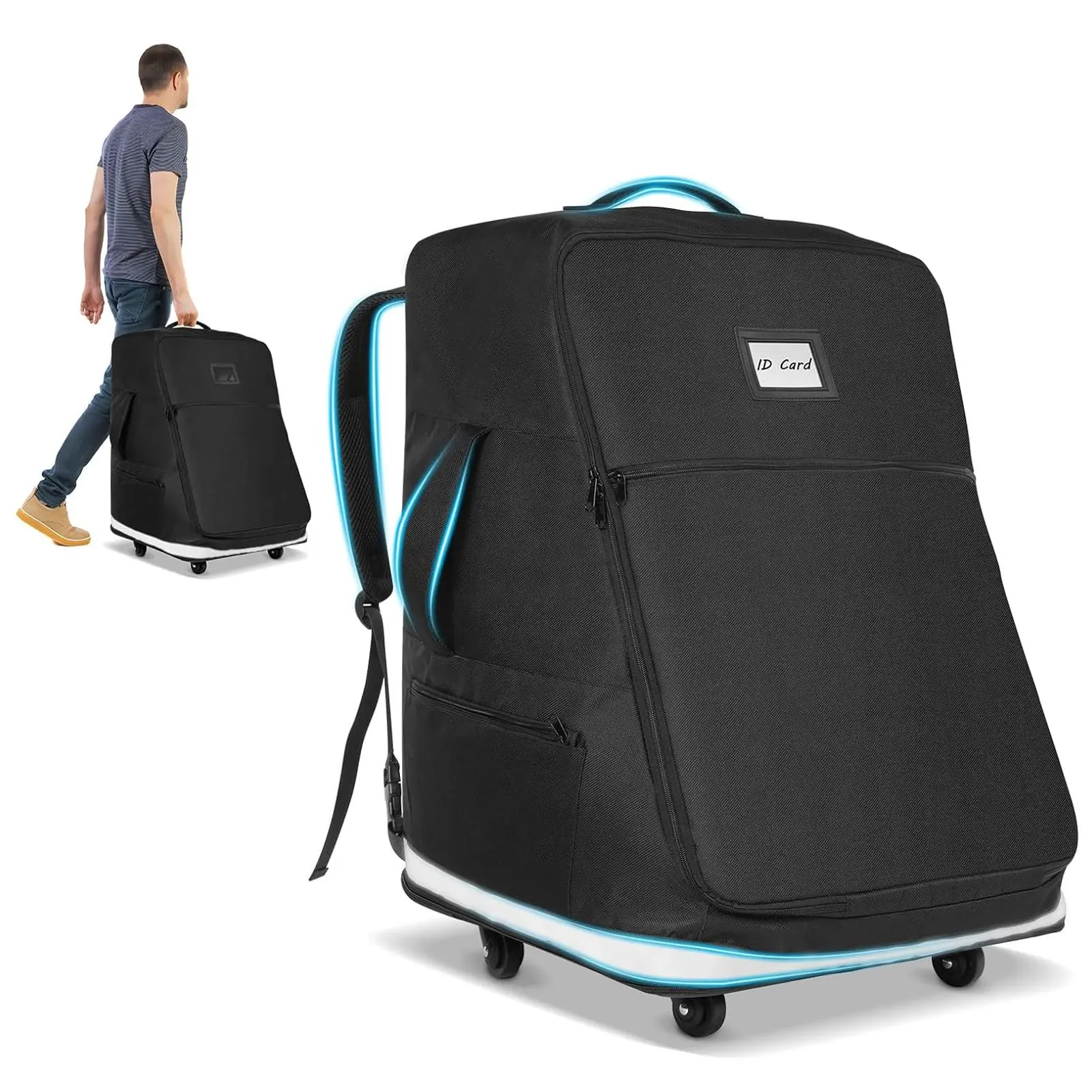 Padded Fabric Rolling Car Seat Carrier Travel Bag with Swivel Wheels, Convertible Backpack, Extendable Height Gate Check Bag for Airplane & Booster Seats Universal Storage Accessory, Convertible Car Seat