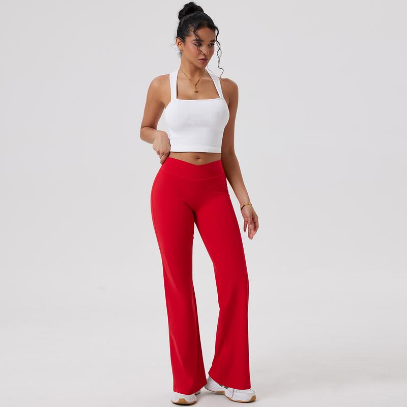 OQQ Women's High Waist Crossover Flare Pants V Back Seam Comfortable Fit Yoga Pants Vacation Outfits Bottoms Basic Minimalist Casual Trouser Leggings