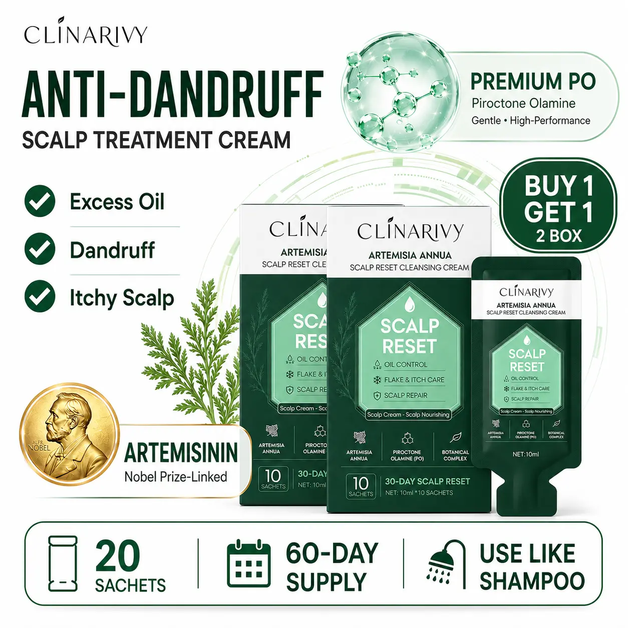 【Buy 1 Get 1 Free】CLINARIVY Anti-Dandruff Shampoo-Style Scalp Treatment Cream, Scalp Cleanser for Dandruff, Flakes, Itchy Scalp, Oily Scalp & Buildup, Artemisia Annua + Piroctone Olamine Scalp Care, Scalp Barrier Support, 20 Sachets, 60-Day Supply