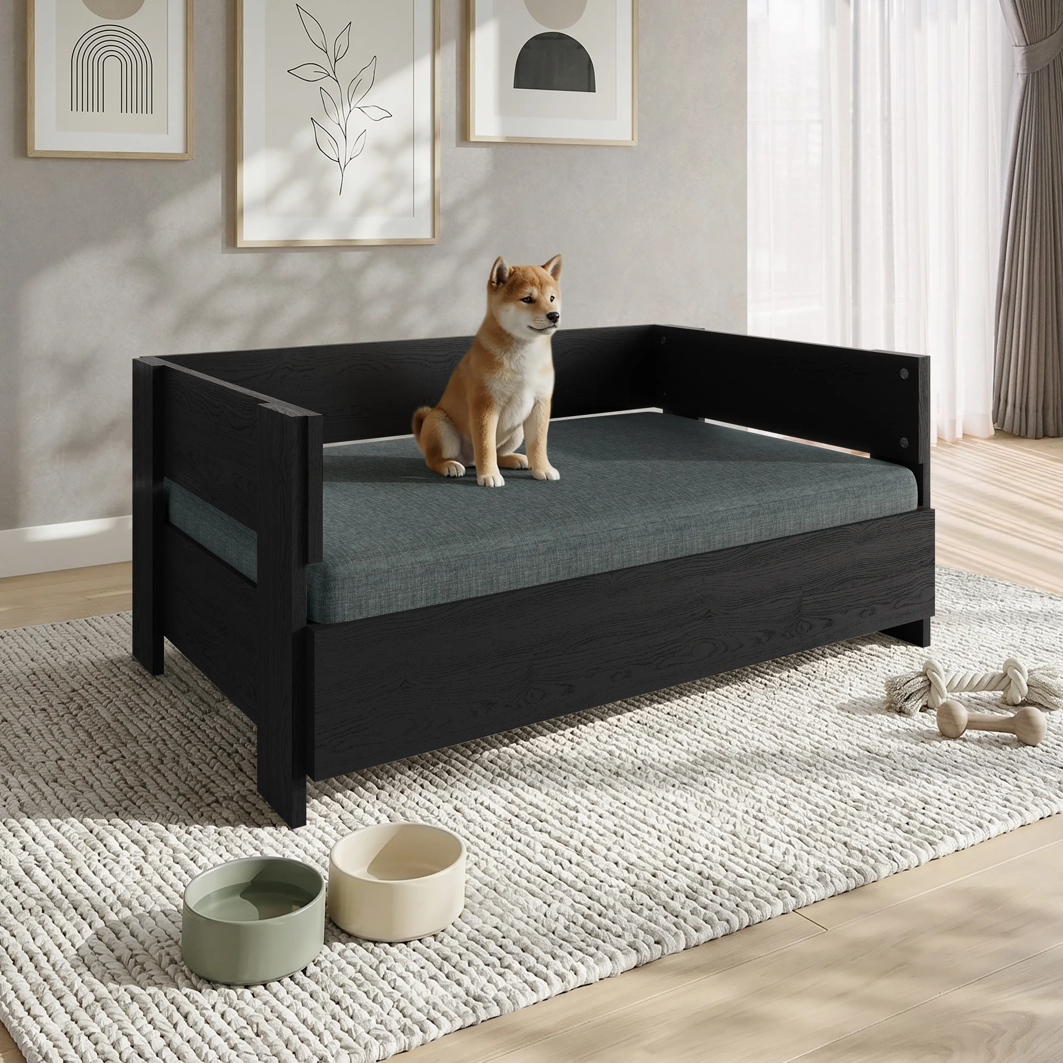 Furniture-Style Wooden Pet Bed with Waterproof Wood Frame, Cushion for Comfortable Rest & Cozy Sleeping Spot