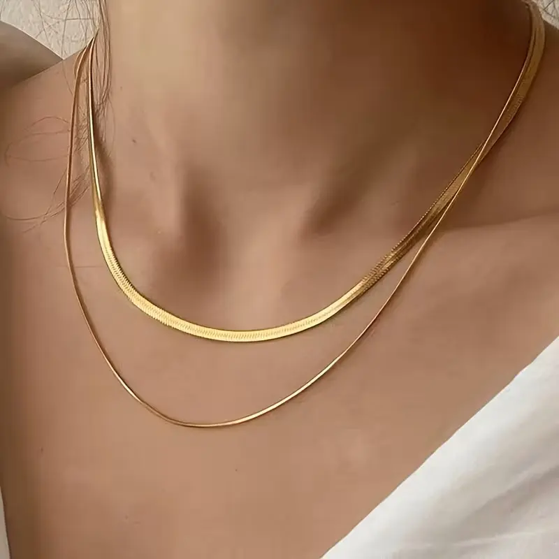 Women's 2-Pack Simple Elegant Short Flat Snake Chain Collarbone Decorative Jewelry, Stackable Accessories for Women for Daily Wear