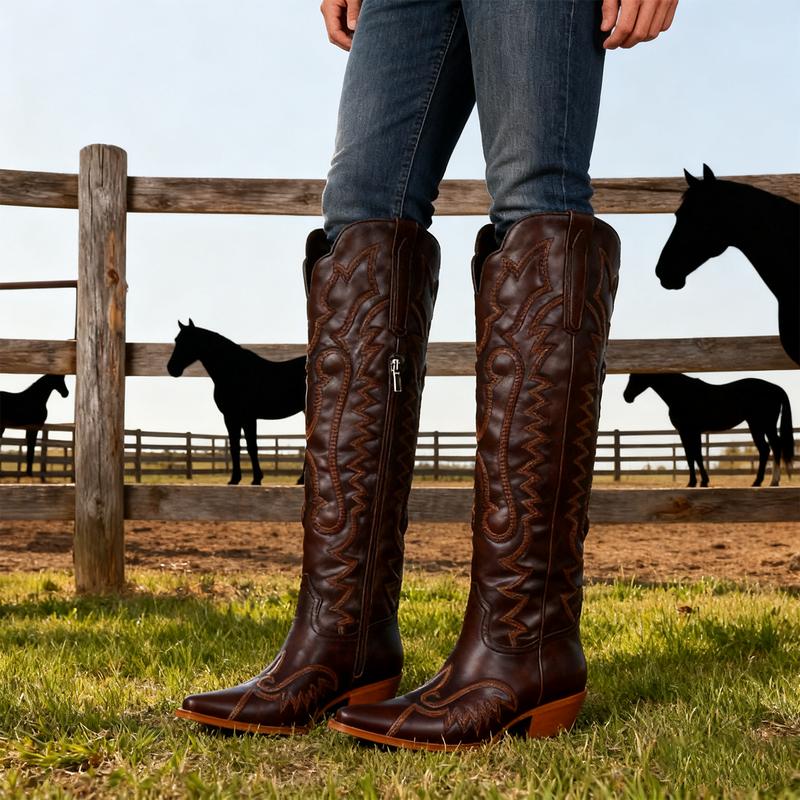 Women's Piont-Toe Embroidered Western Cowboy Chunky Heels Boots Knee High Vintage Style Pointed Toe Cowgirl Boots with Intricate Pattern Side Zipper Boots for Casual Festival Daily Wear Fashionable Durable Footwear fall shoe shopping