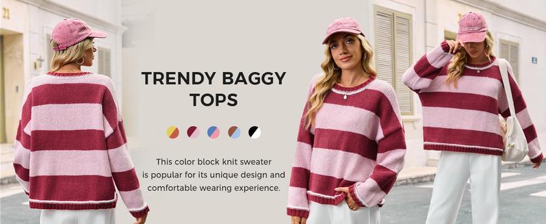 FISOEW Womens Oversized Sweaters Casual Long Sleeve Color Block Crewneck Knitted Loose Fall Pullover Tops Womenswear Knitwear Fit Comfy #TikTokShopHolidayHaul Soft Overall Everyday