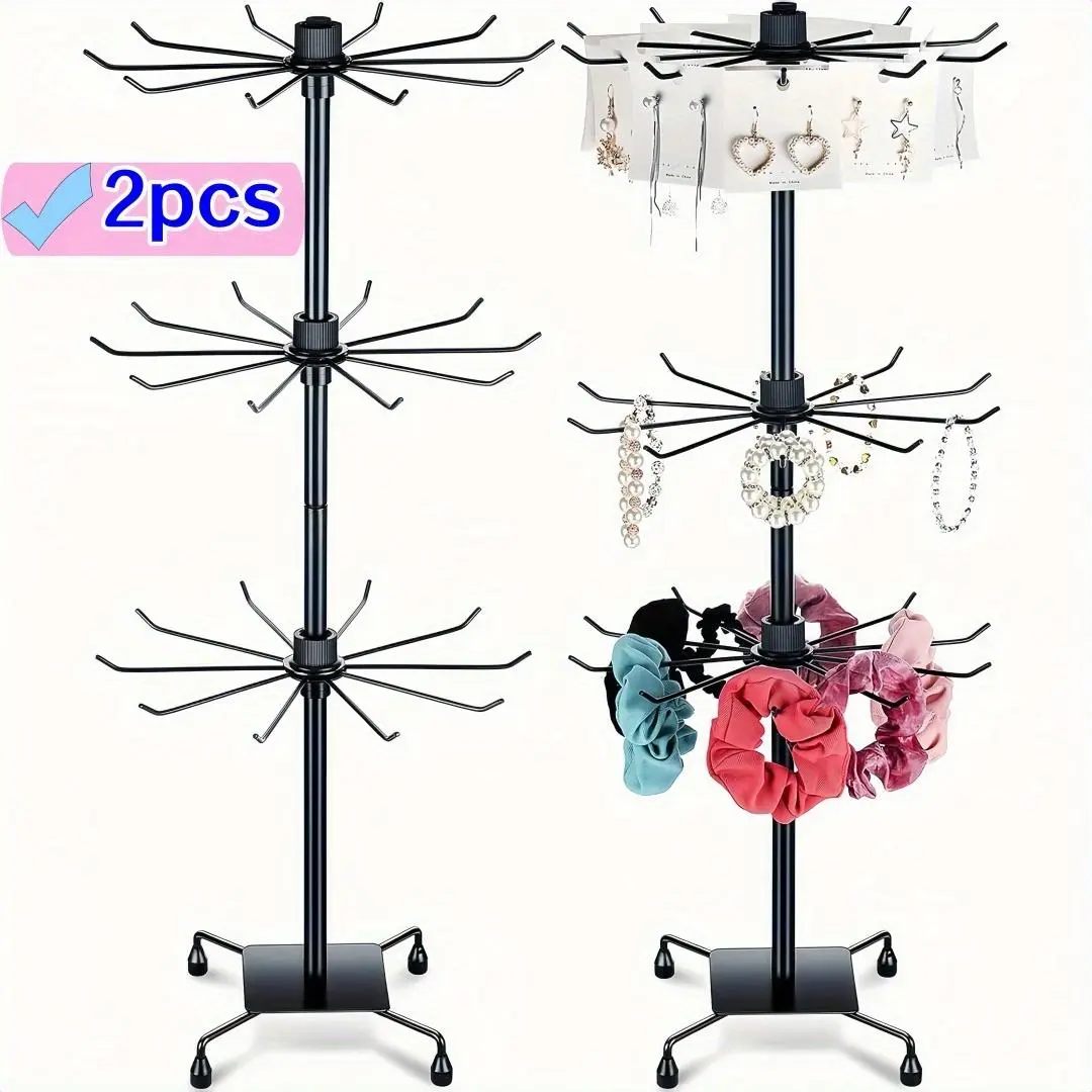 Set of 2 Rotating Display Racks, 3 Tiers Metal Display Rack Retail Display Stand with Hooks, Adjustable Height Holders for Necklace, Earrings, Key Rings, Movable Rack Organizer for Shopping Malls,Retail Stores and Christmas Ornament Balls Home Decor
