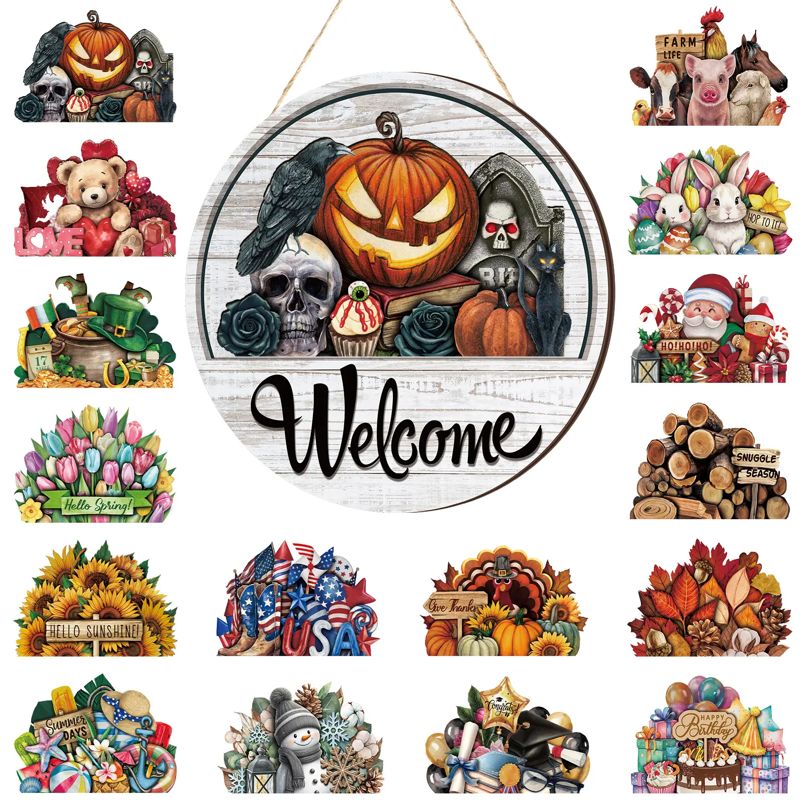Seasonal Interchangeable Magnetic Welcome Sign 12 Inch, 17 Pcs Changeable Summer Garden Yard Porch Decor, Independence Day Front Door Hanger Year Round Farmhouse Office Home Outdoor Halloween Decor Birthday Party Housewarming Gift