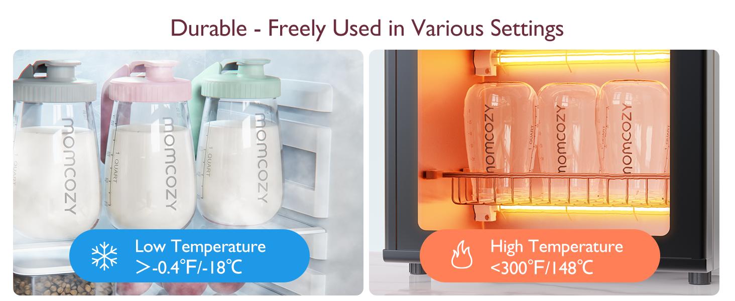 Momcozy Breast Milk Pitcher, Resistant to Heat and Cold Abrupt Temp Swings, No Leak Glass Breast Milk Fridge Storage Container With Wide Mouth