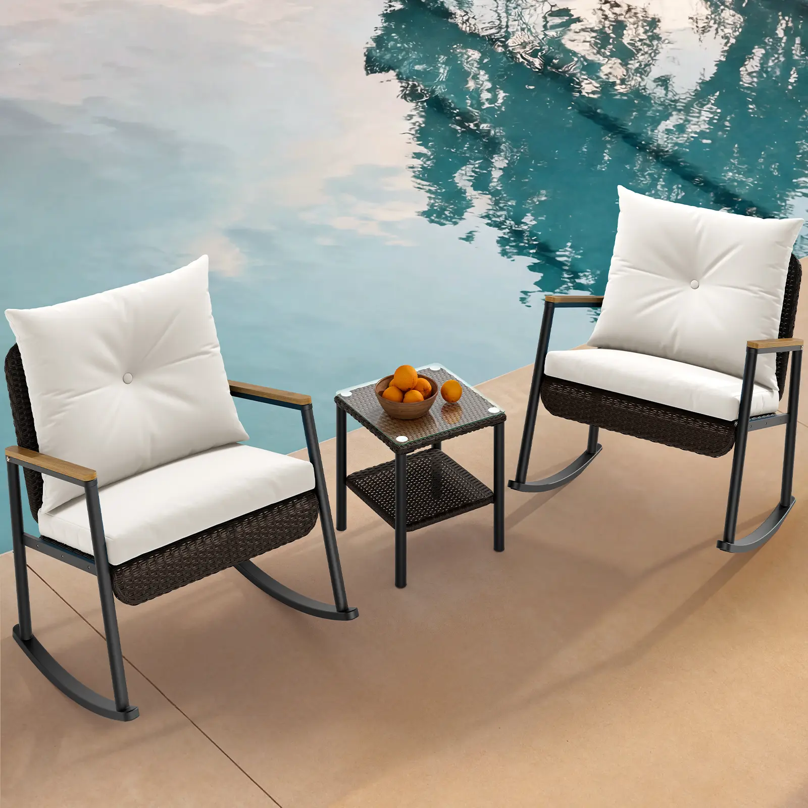 Sikaic 3 Piece Patio Set Outdoor Wicker Rocking Chair Set with Thick Cushions and 2-Tier Glass Coffee Table, Modern Outdoor Patio Bistro Set, Rattan Patio Conversation Sets for Garden, Balcony, Backyard, Poolside, Home Furniture [tiktokshopbacktoschool]