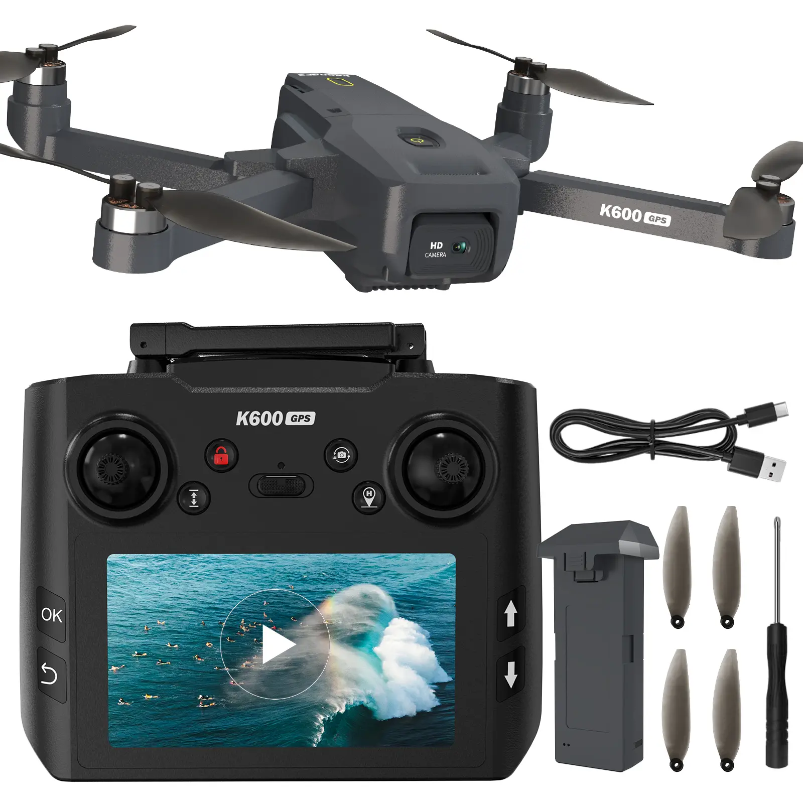 Folding 5G GPS FPV Drone with 1080P EIS Camera, 4.5" Screen Remote, Brushless Motor, GPS Return, Optical Flow, Follow Orbit, Under 249g Grey Quadcopter, SD Card Support, Drone Accessories Compatible