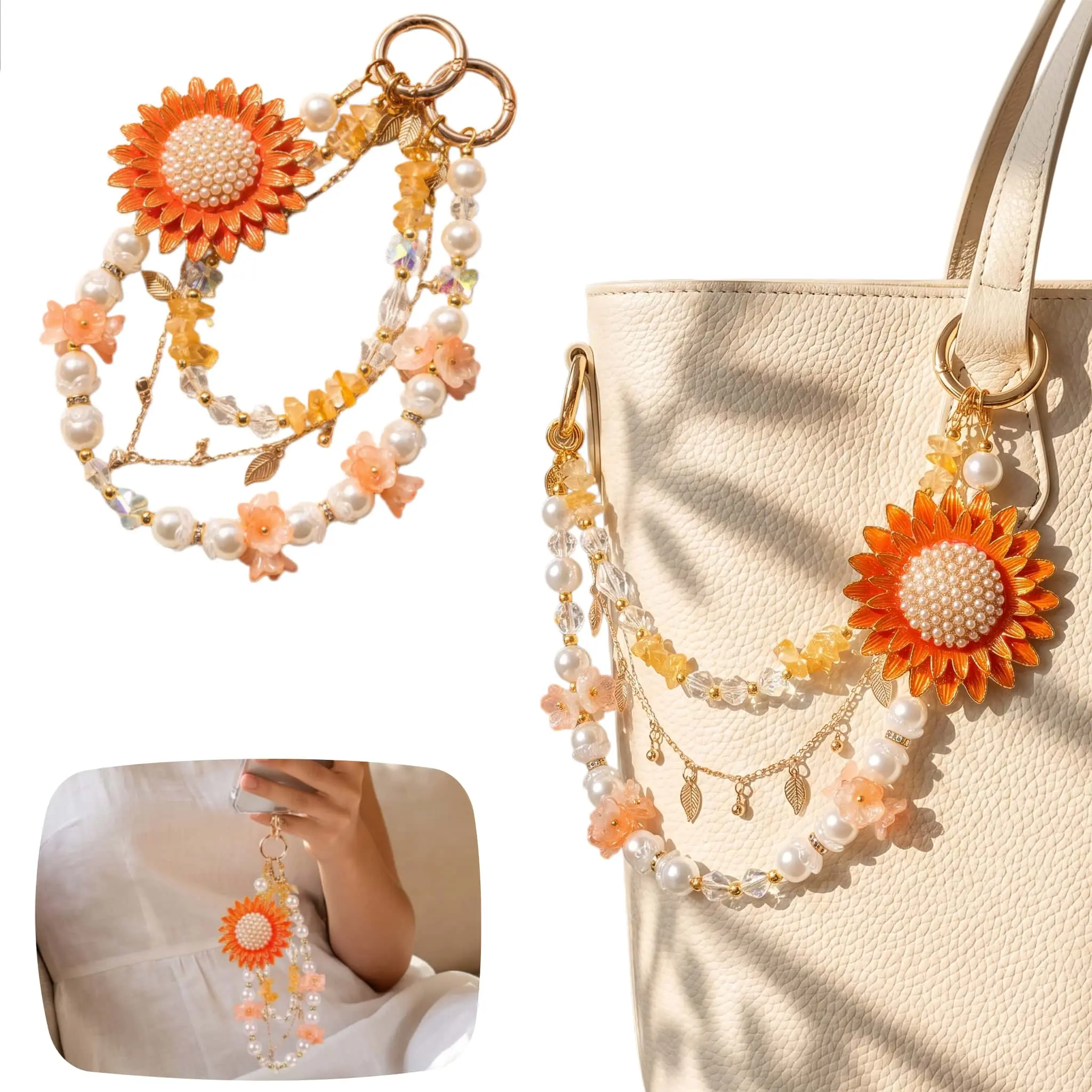 Sunflower Phone Charm Delicate Handbag Pendant Accessory for Women, Detachable Bag Charm,Pretty Holiday Gift,Ideal Birthday Gift for Girls & Women,SummervibesTwo Ways to Charm Chic Keychain & Secure Wristlet Accessory for Everyday Use-MM