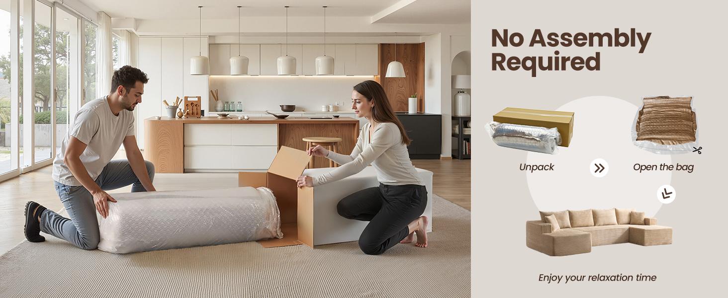 ModMood Compress Sofa Sectional 133x70" Oversized Corduroy Cloud Couch U-Shaped Modular Set with Chaise Ottoman 7 Pillows No Assembly Required Soft Plush Modern Modular Living Room Essential