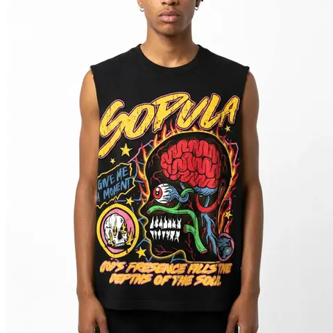 Men's 100% Cotton Retro Loose Sleeveless Round Neck Tank Top - Vintage Skull Badge Print Punk Streetwear Vest with Premium Fabric for Summer Menswear