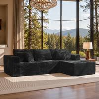 Black Plush Corduroy Right Chaise