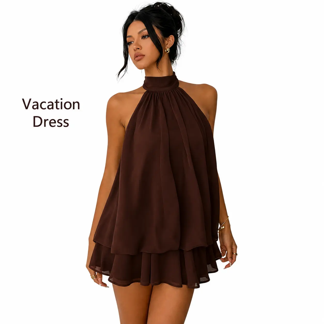 Women’s Halter Neck Chiffon Mini Dress, Tie Back Open Back Layered Ruffle Flowy Vacation Dress, Sleeveless Summer Beach Resort Party Dress