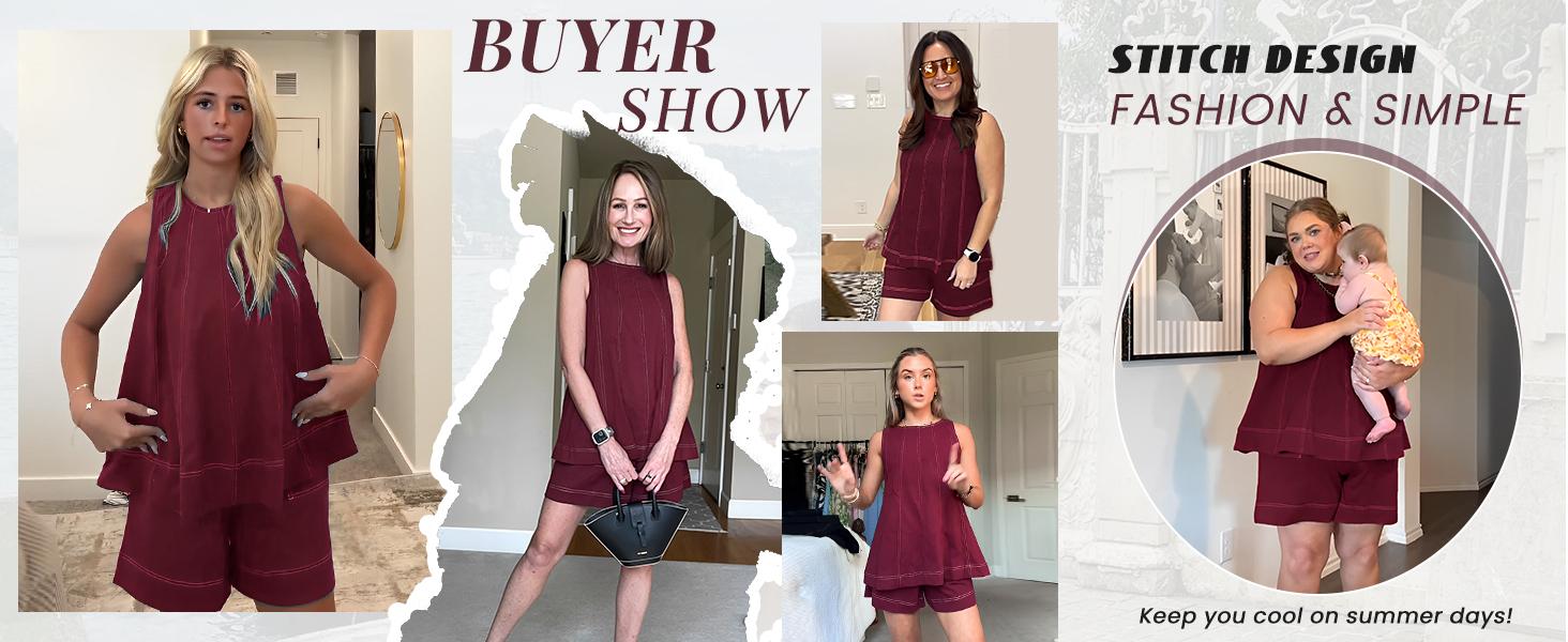 Yeokou Women's 2 Piece Outfits Sleeveless Matching Sets A Line Tank Tops Contrast Stitching High Waist Shorts with Pockets