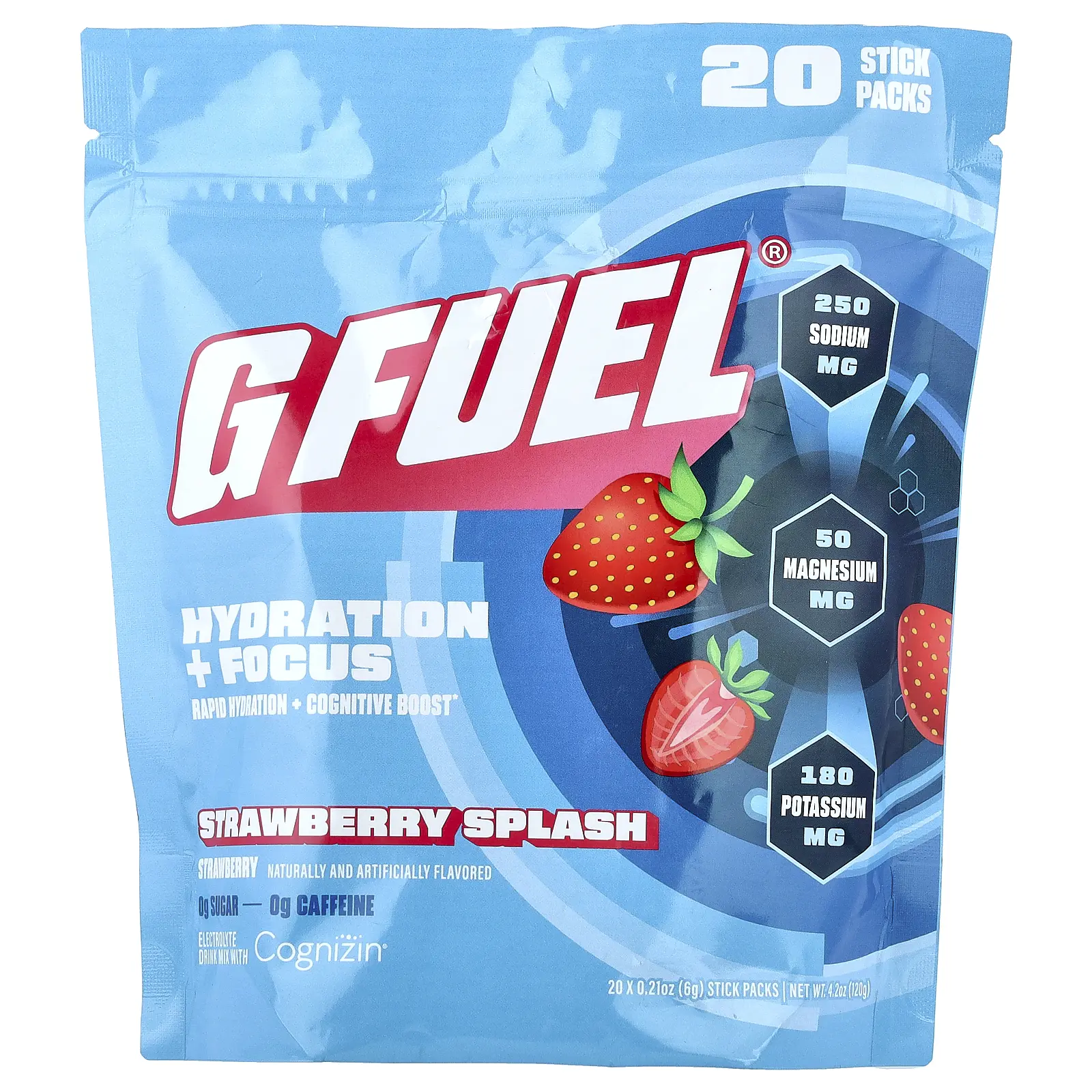 G FUEL Hydration + Focus, Electrolyte Drink Mix with Cognizin®, Strawberry Splash, 20 Stick Packs, 0.21 oz (6 g) Each