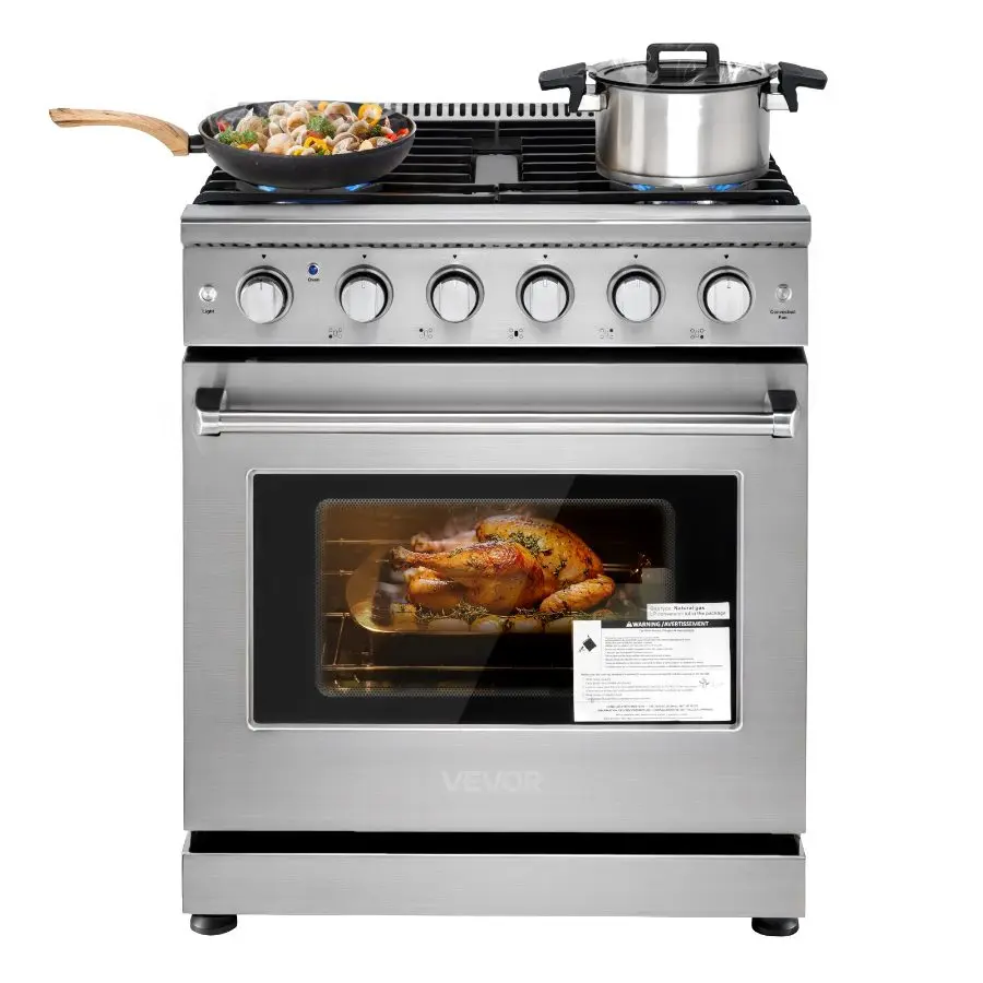 VEVOR 30-in Freestanding Stainless Steel Gas Range Oven with 5 Sealed Burners Gas Cooktop, Easy-Reach Racks, 4.8 Cu. Ft. Capacity for Apartment & Home Kitchen Cooking, 5 Burners