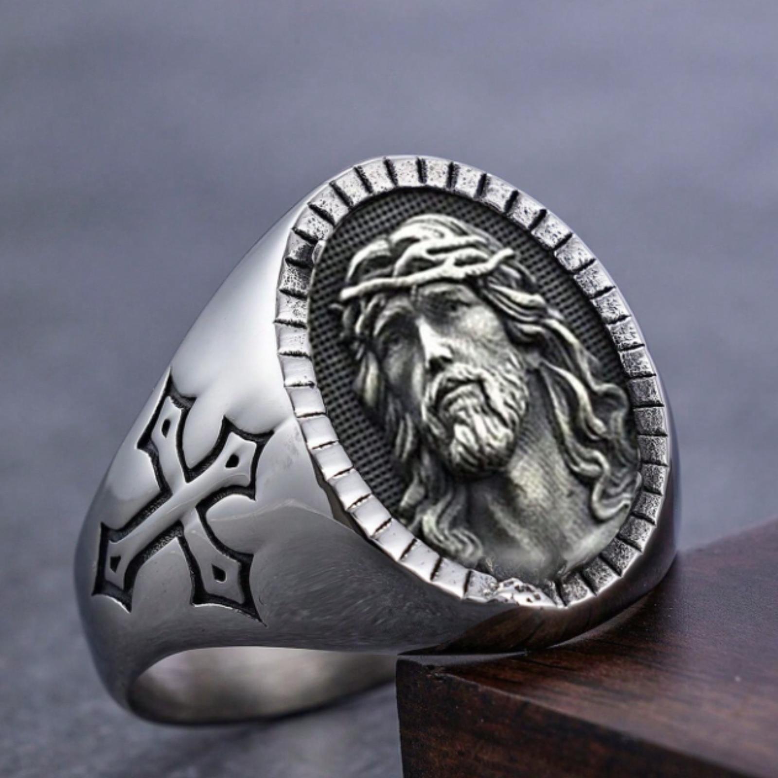 Elegant 18k Gold and Silver Jesus Christ Cross Ring, Vintage Country Jewelry Gift for Men - Party Accessories and Gifts