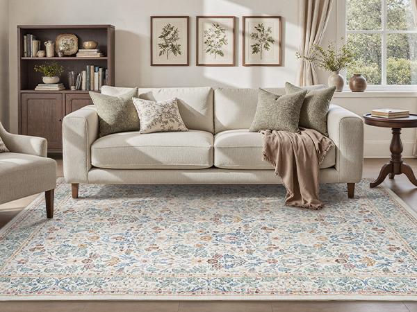 MontVoo Floral Pattern Decorative Rug Mat, Washable Bohemian Area Rug, Vintage Cottage Style, Non-Slip TPR Backing, Soft & Easy-to-Vacuum for Living Room and Bedroom