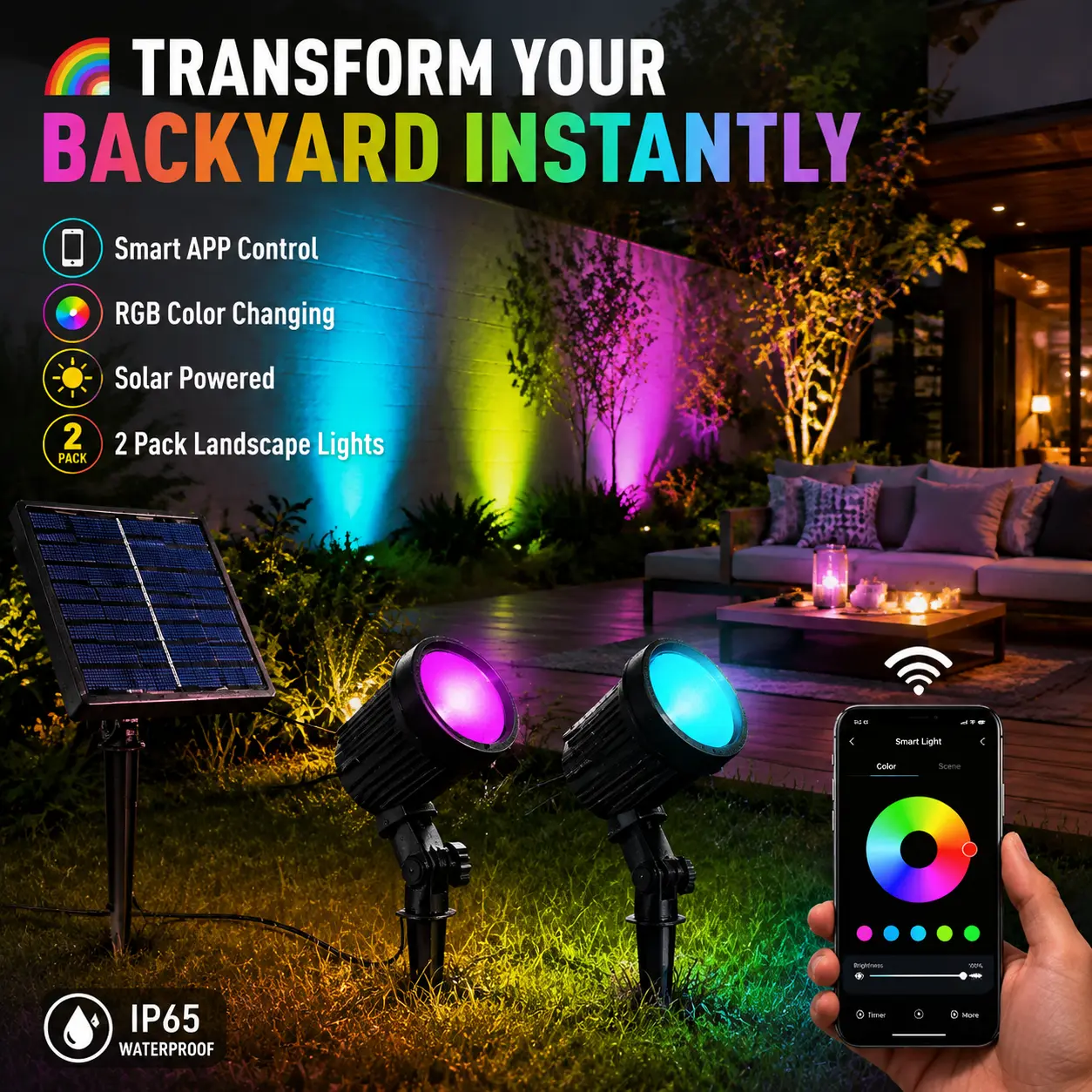 2-Pack Smart RGB Solar Outdoor Lights, APP-Controlled Color-Changing Solar Spotlights with Adjustable Beam, 5m Range for Night Illumination, Backyard & Patio Decoration