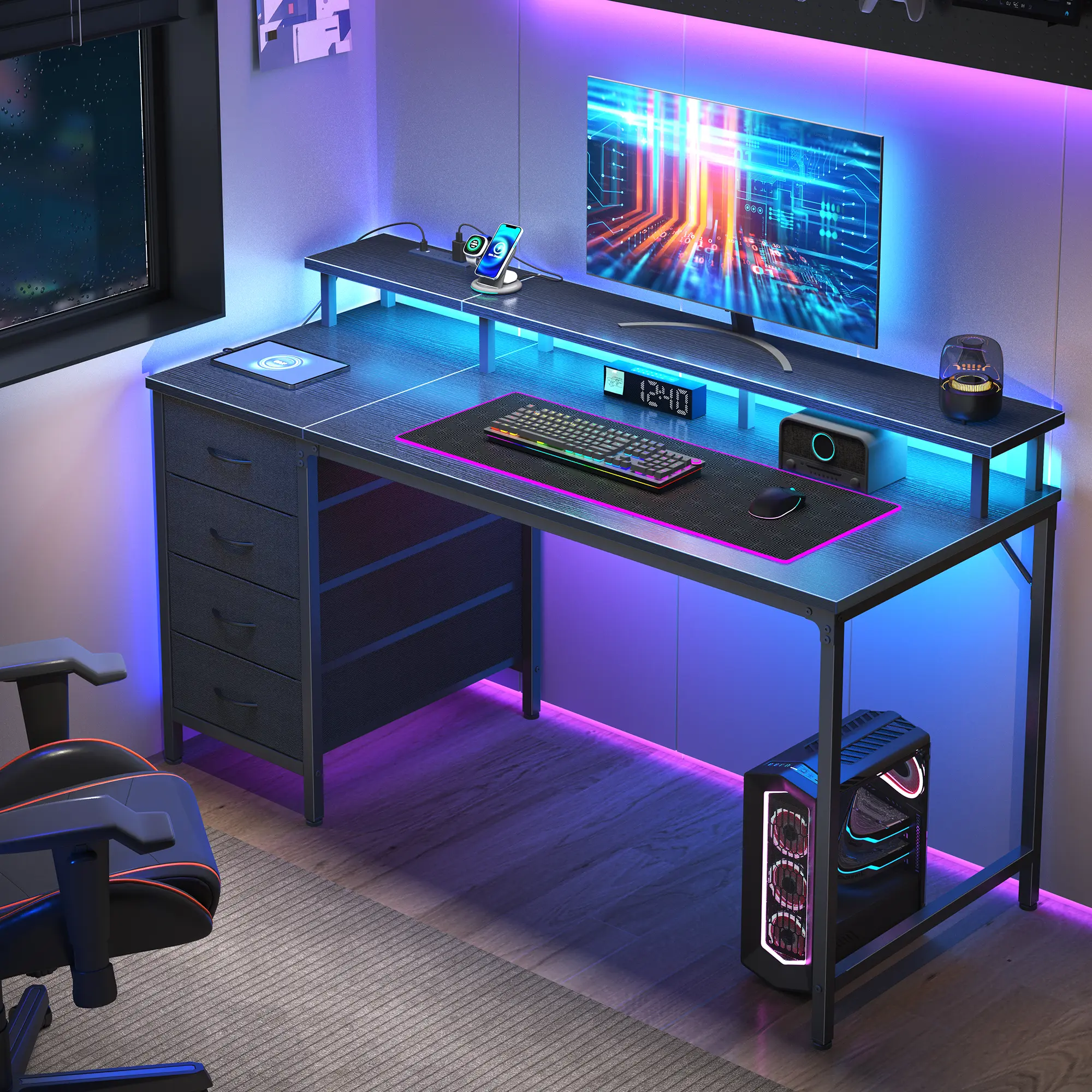 Sweetcrispy Computer Desk with Power Outlets and LED Lights, Gaming Desk with 4 Drawers, Office Desk with Monitor Stand, Study Work Home Office, Small Spaces, Black