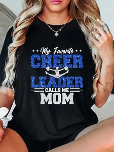 Women' & Men' Cheer Mom T-Shirt - My Favorite Cheerleader Calls Me Mom Slogan, Short Sleeve Round Neck Casual Cheerleading Apparel for Cheerparents, Spring Summer Fall Outfits, Machine Washable Graphic Tee for Game Day & Competitions
