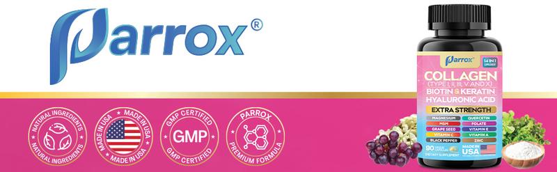 PARROX Collagen Supplement - Type I, II, III, V and X - with Biotin, Keratin, Hyaluronic Acid & 13+ Extra Strength Ingredients - 90 Capsules - MADE IN USA