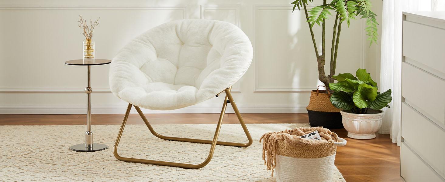 X-Large Faux Fur Saucer Chair Comfy Lounge Chair for Bedroom Living Room, Folding Seat for Teens Adults,Soft Padded and Metal Frame