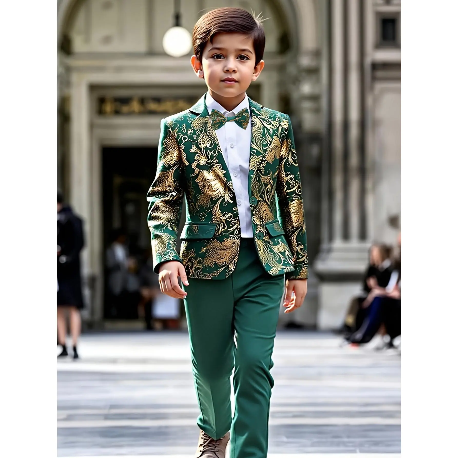 Boys' Polyester Blend Multi-Piece Formal Suit Set - 1-7 Yrs, Long Sleeve Shirt, Regular Fit, Button Closure, Golden Print, Dark Green Trousers, Gentleman's Bow Tie, All Seasons, Prop 65 Safe (School Coat, Graduation Wear)
