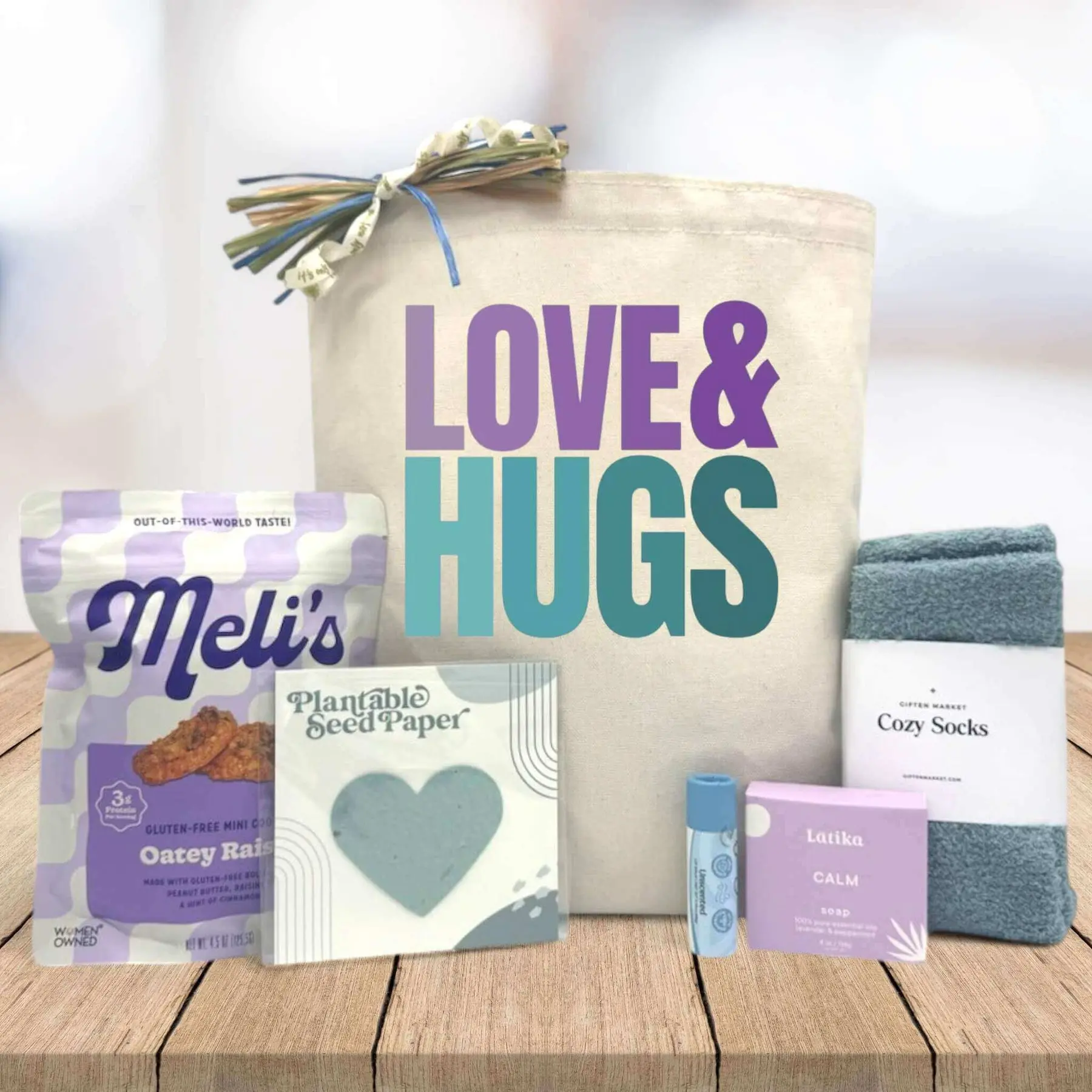 itsonlynaturalgifts Love and Hugs Chemo Care Gift Basket with Meli's Oatey Rinse Plantable Seed Paper Cozy Socks Calm Lattika & Mini Oatmeal Raisin Cookies Set