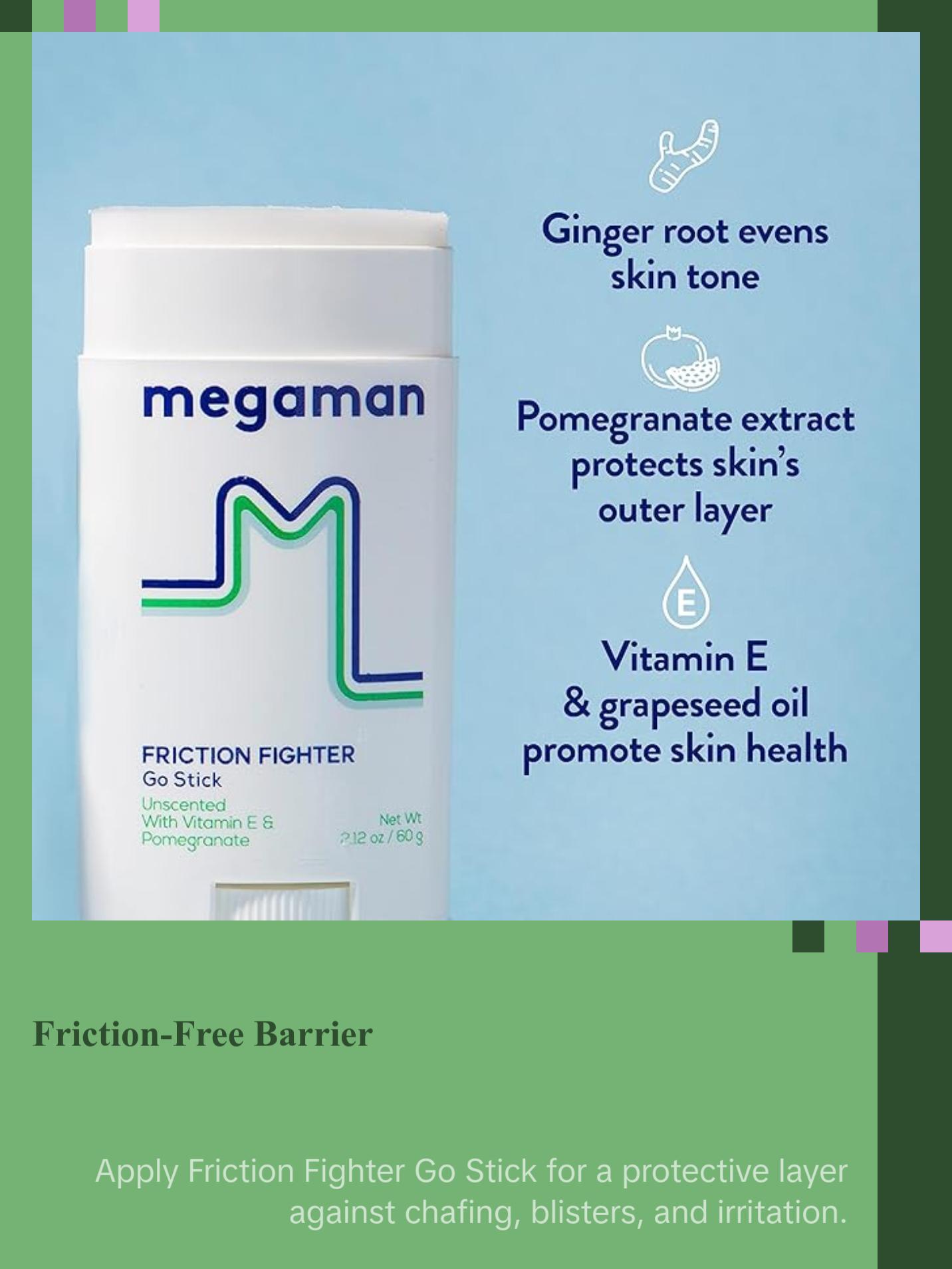 Megaman Friction Fighter Go Anti-Chafe Stick | Prevents skin chafe & irritation | Thighs, arms, & more | 2.12 oz