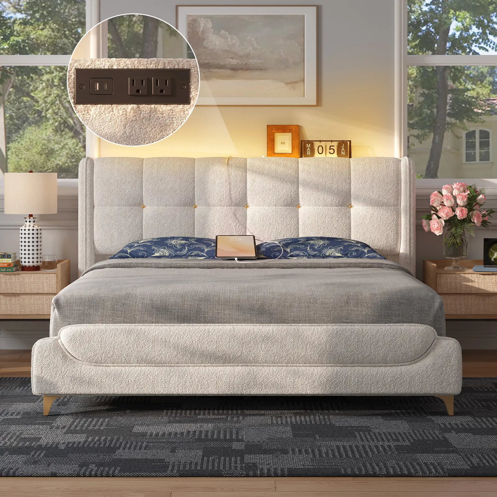 【2 Packages Shipping】Novilla Full/Queen/King Size Wingback Platform Bed, Cream Lamb Wool Upholstery, French Luxury Design with LED Lights & Charging Station, No Box Spring, Easy Assembly,Back To School