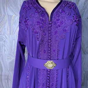 Morocco Kaftans Purple Embroidered Sequin Belted Traditional Dress for Women