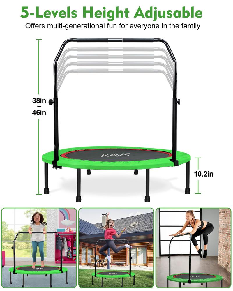 RAVS 40" Mini Trampoline Foldable for Adults 450LBS Fitness with Bungees Adjustable Bar Sturdy Steel Frame 5-Level Height-Adjustable Handrail Easy Assembly Indoor Outdoor